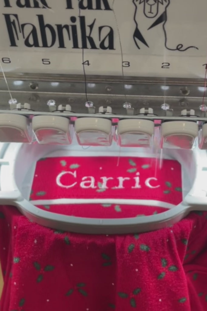 Monogramming on Gisele PJ in Hollyberry Holly Red