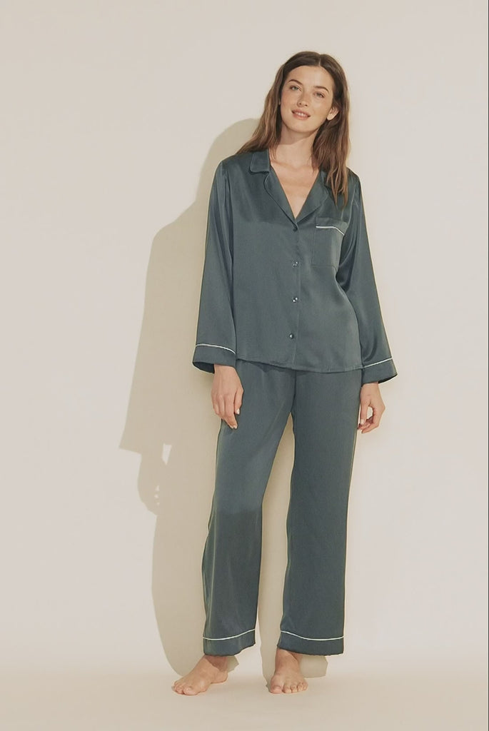 Model wears Inez Washable Silk Long PJ Set in kelp.