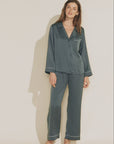 Model wears Inez Washable Silk Long PJ Set in kelp.