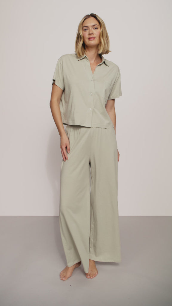 Model is wearing Pima Cotton Short Sleeve & Pant PJ Set  in  Sandstone