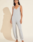 Model wears Elon Relaxed Rib Jumpsuit in Heather Grey.