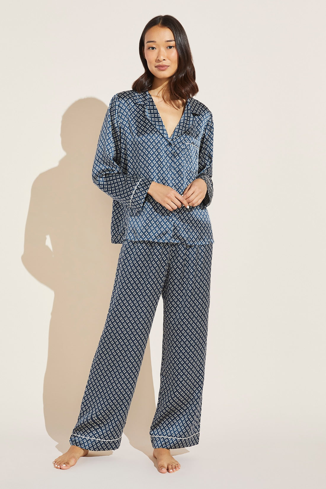 Womens Silk Pyjama Bottoms, Blue Geometric Print, Made in UK