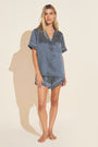 Model wears Inez Washable Silk Printed Short PJ Set in Petite Batik Indigo Blue/Bone.