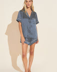 Model wears Inez Washable Silk Printed Short PJ Set in Petite Batik Indigo Blue/Bone.