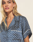 Model wears Inez Washable Silk Printed Short PJ Set in Petite Batik Indigo Blue/Bone.