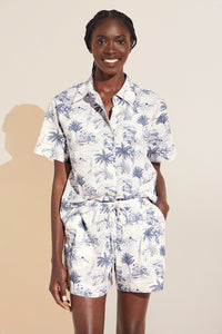Organic Sandwashed Cotton Printed Short PJ Set - Riviera Toile Coastal Blue