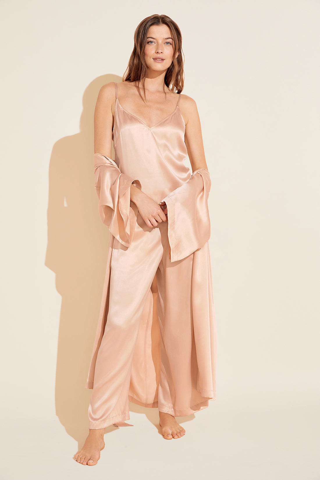 Model wears Inez Washable Silk Cami & Pant PJ Set in rose cloud.