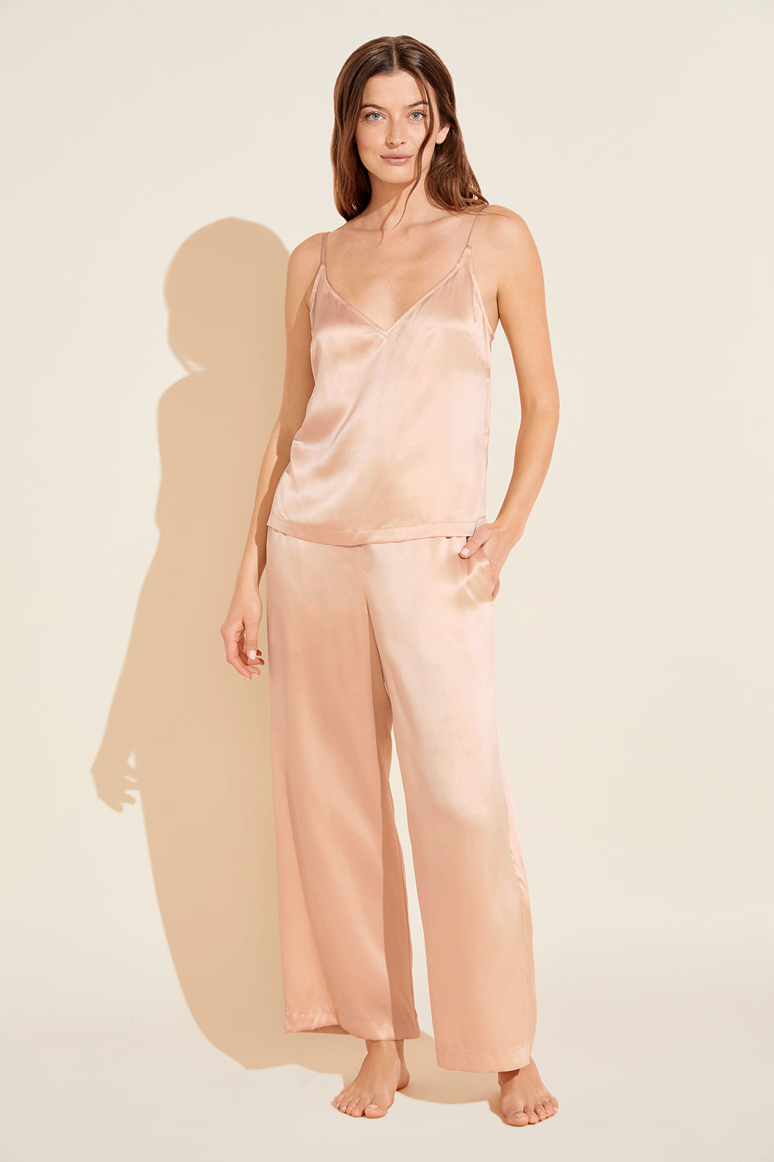 Model wears Inez Washable Silk Cami & Pant PJ Set in rose cloud.