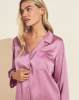 Model wears Inez Washable Silk Long PJ Set in Foxglove/Italian Rose.