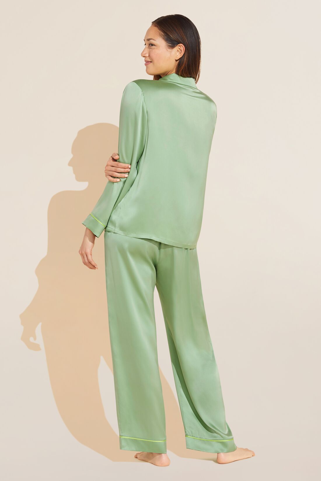 Model wears Inez Washable Silk Long PJ Set in Pistachio/Lime.