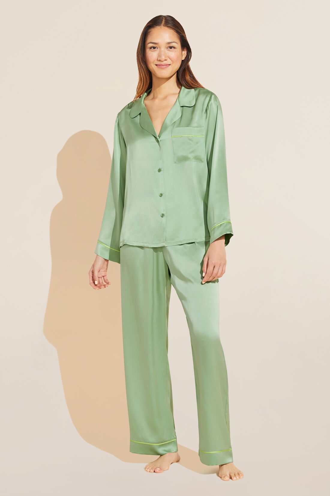 Model wears Inez Washable Silk Long PJ Set in Pistachio/Lime.