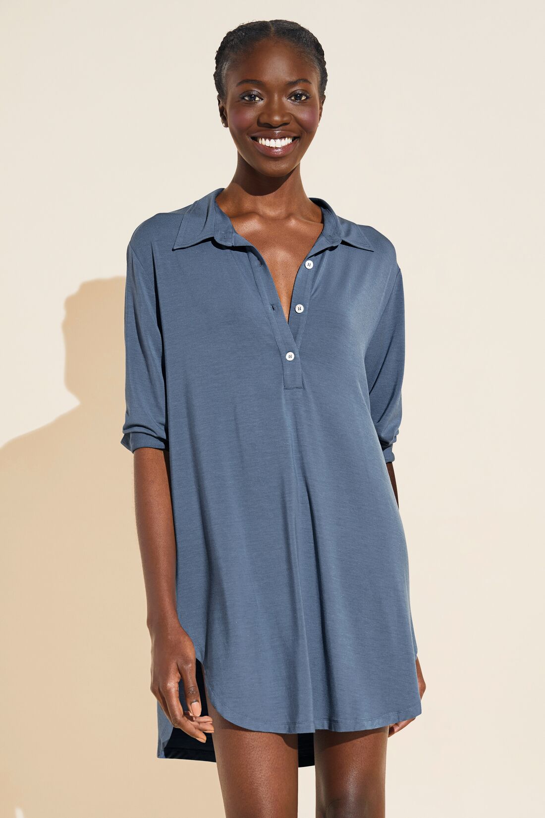 Model wears Gisele TENCEL™ Modal Boyfriend Sleepshirt in Coastal Blue/Ivory.