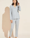 Model wears Gisele TENCEL™ Modal Tuxedo Slim PJ Set in heather grey/sorbet pink.