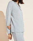 Model wears Gisele TENCEL™ Modal Tuxedo Slim PJ Set in heather grey/sorbet pink.