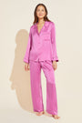 Model wears Inez Washable Silk Long PJ Set in Italian Rose/Foxglove.