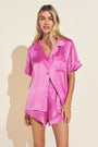 Model wears Inez Washable Silk Short PJ Set in Italian Rose/Foxglove.