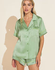 Model wears Inez Washable Silk Short PJ Set in Pistachio/Lime.