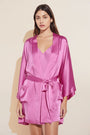 Model wears Inez Washable Silk Short Robe in Italian Rose.