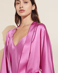 Model wears Inez Washable Silk Short Robe in Italian Rose.