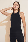 Model wears Pima Rib High Neck Tank in Black.