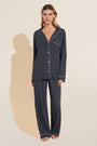 Model is wearing the Gisele TENCEL™ Modal Long PJ Set in graphite/ sorbet pink.