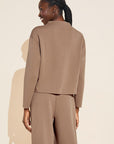 Model wears Reversible Plush Funnel Neck Top in Mocha/Camel.