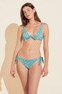 Model wears Cassidy Printed Textured Bikini Top in Ocean Bay/Sand.